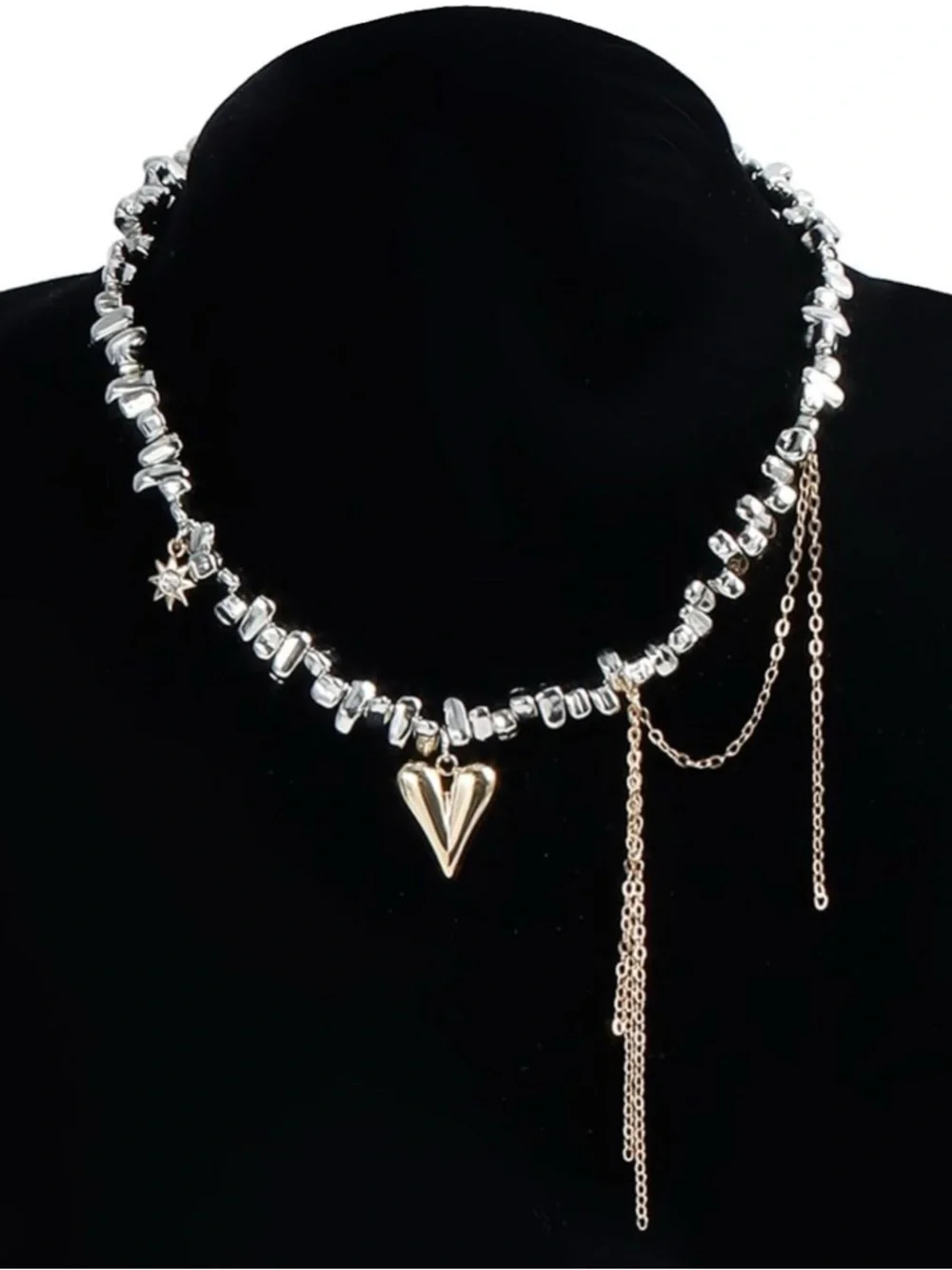 Silver and Gold Heart Pendant Mixed Color Choker Necklace